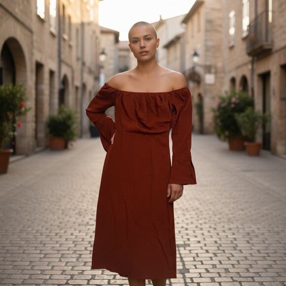 Future Collective Reese Blutstein Off Shoulder Long Sleeve Midi Dress Rust 8 New - Picture 1 of 9